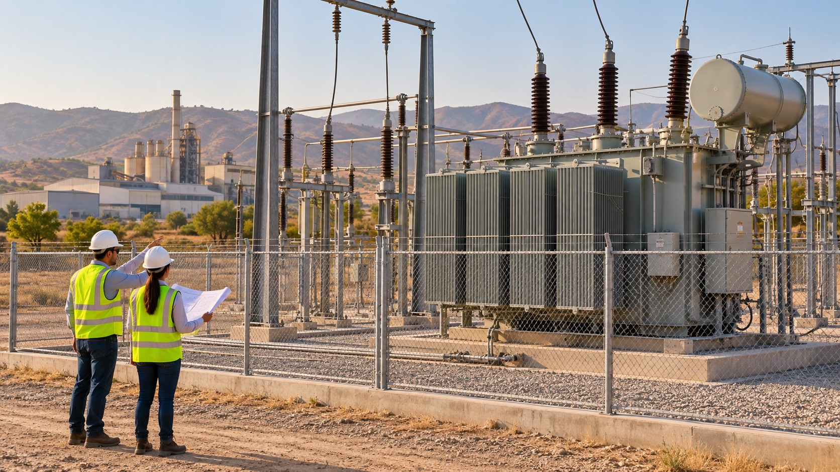 Factory Transformer Installation Conditions Engineers reviewing an outdoor transformer installation beside an industrial plant with hills in the background