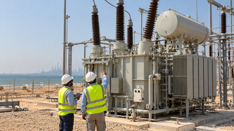 Engineers inspecting transformer bushings at a Gulf coastal substation