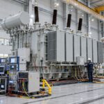 Oil-immersed power transformer arranged for factory acceptance testing in a modern test hall
