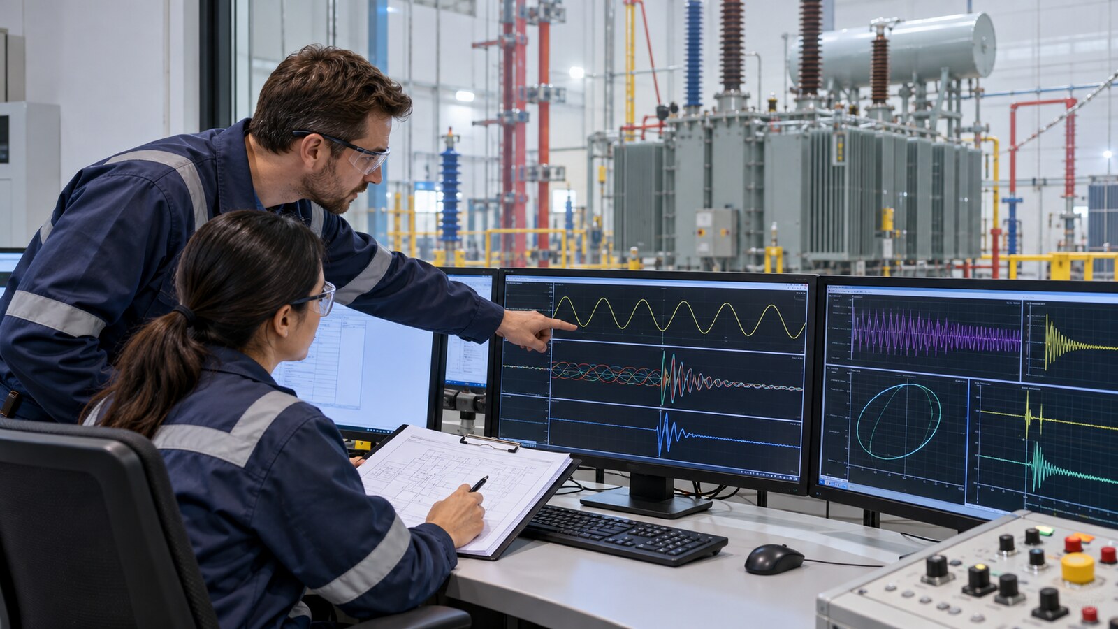IEC 60076-4:2026 Transformer Impulse Testing: What EPC Buyers Should Update 6 Engineers reviewing transformer impulse test oscillograms from a laboratory control room