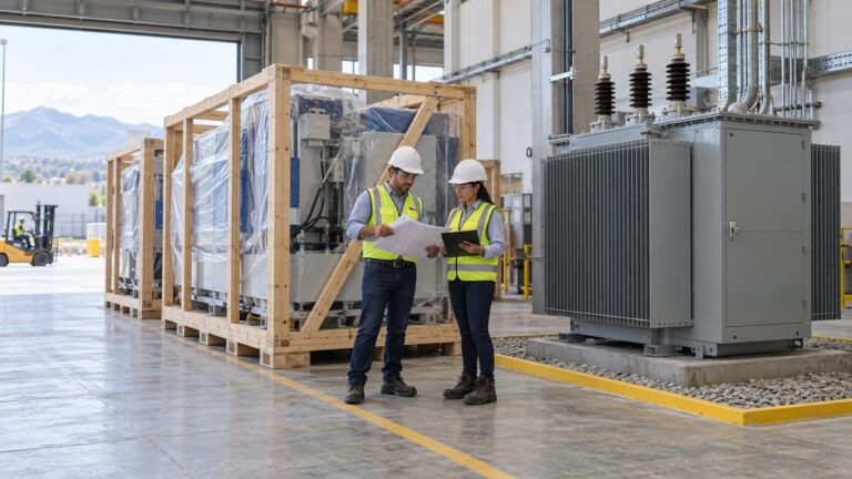 Engineers reviewing imported machinery supply documents beside a crated machine and transformer