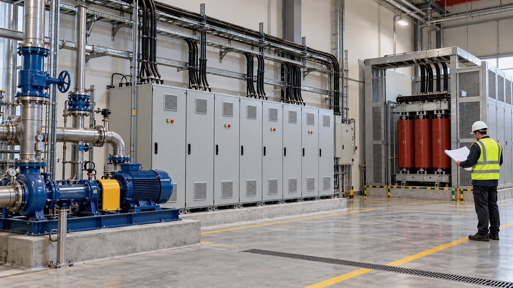 Industrial Drive and Transformer Interface Industrial motors and pumps beside drive cabinets and a dry-type transformer