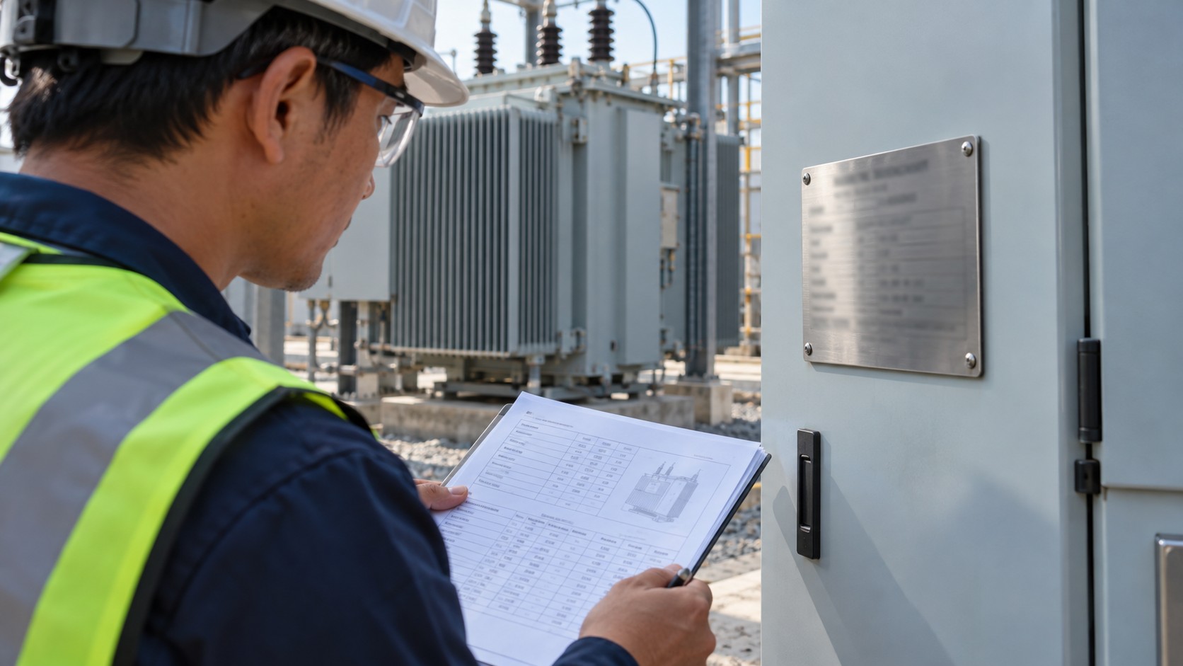 Machine Nameplate and Supply Requirement Review Engineer comparing an equipment nameplate with a supply data sheet beside a transformer