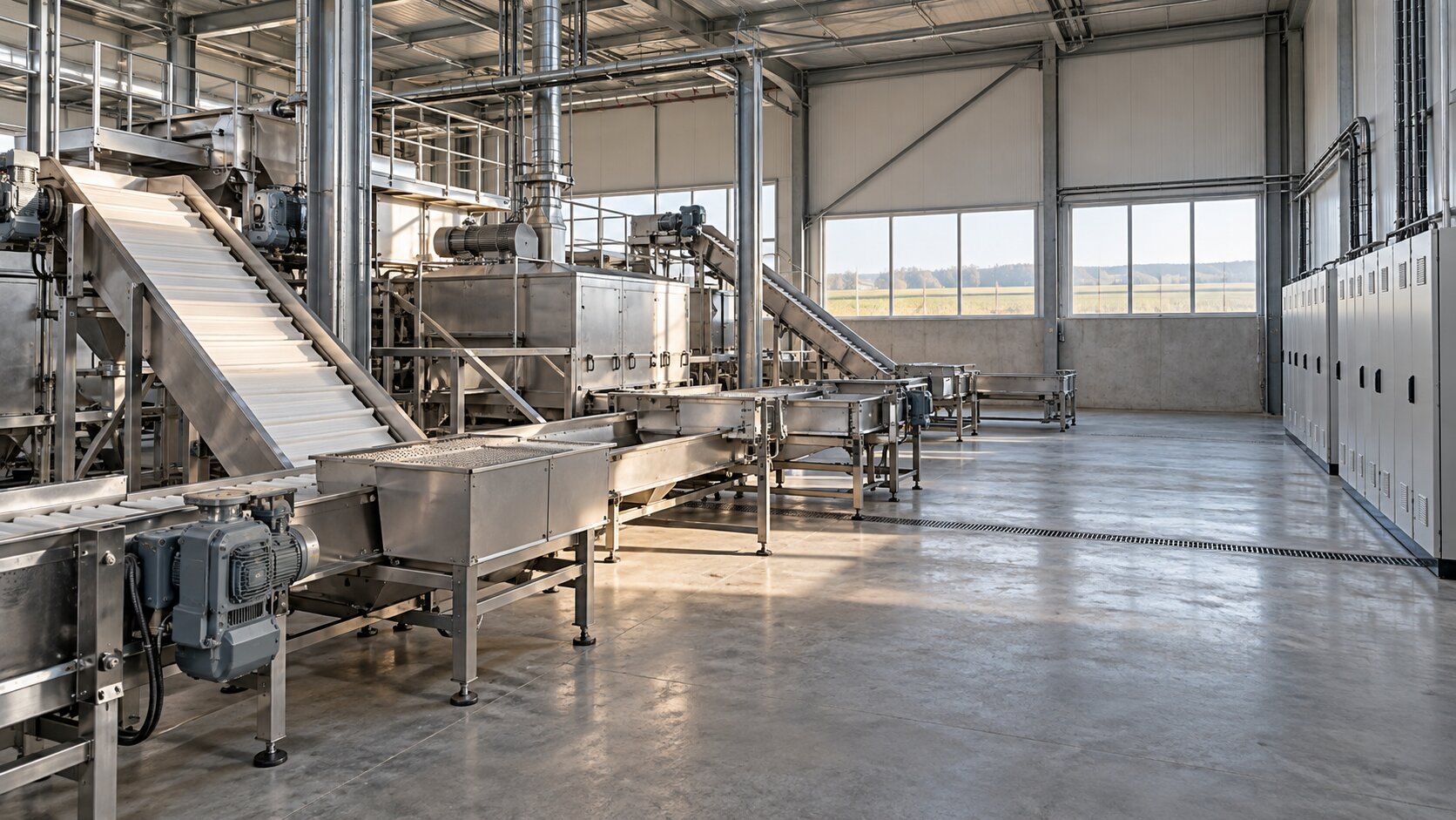 Offseason Processing Hall Inactive conveyors and closed electrical cabinets in a quiet agroindustrial processing hall