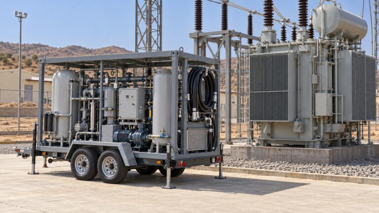 Mobile oil processing equipment positioned beside an oil immersed transformer