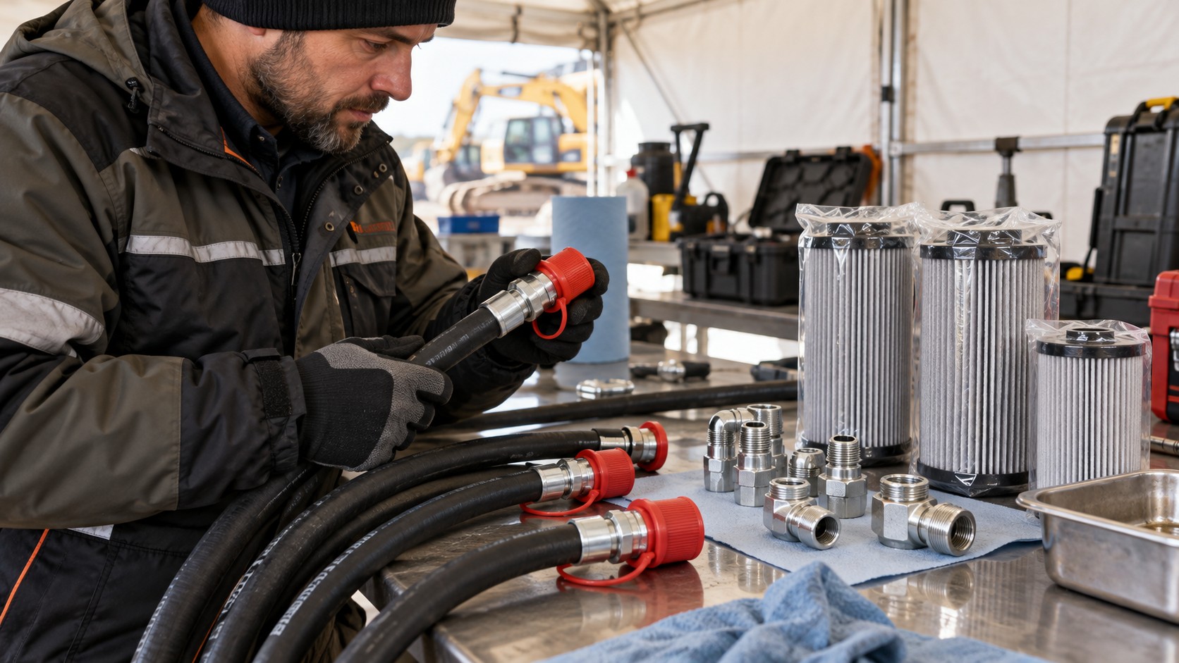 Oil Processing Hoses and Spares Inspection Technician inspecting capped oil hoses, adapters and replacement filters