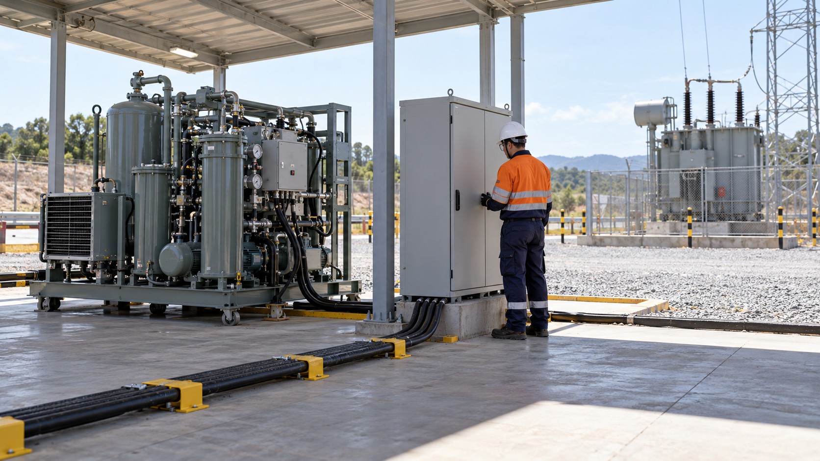 Oil Processor Temporary Supply Review Technician beside an oil processor and closed temporary electrical cabinet