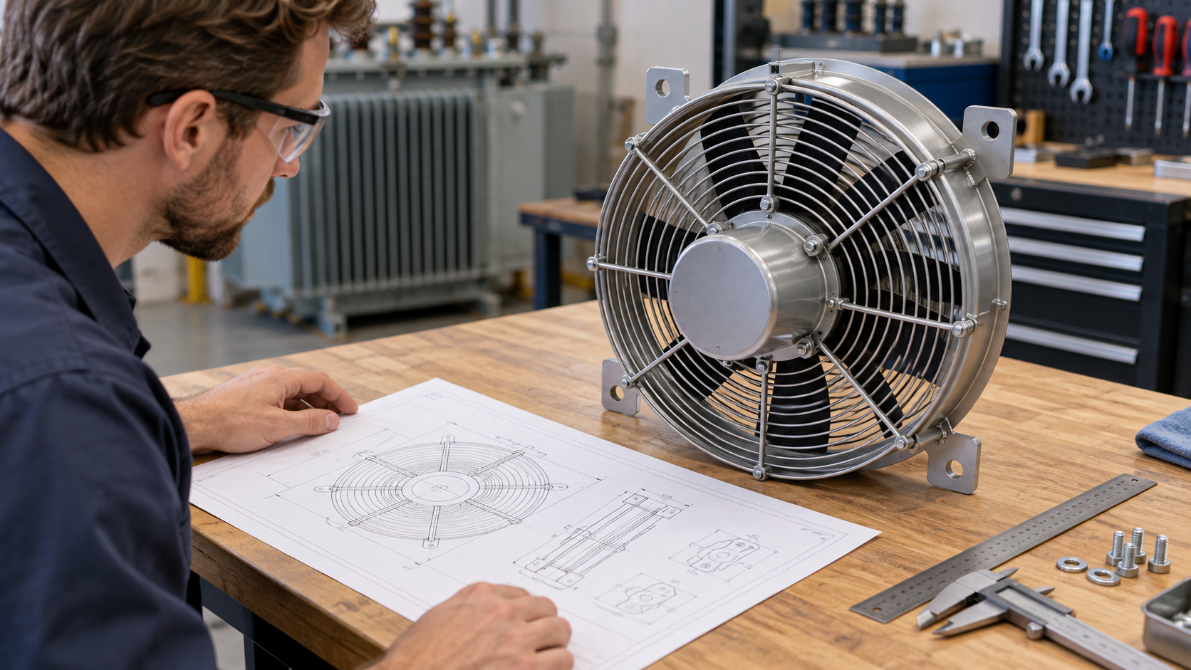 Replacement Transformer Fan Mounting Review Technician reviewing a drawing beside a guarded replacement transformer fan on a workbench