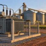 Oil-filled transformer in a fenced bay beside grain silos at a seasonal processing plant