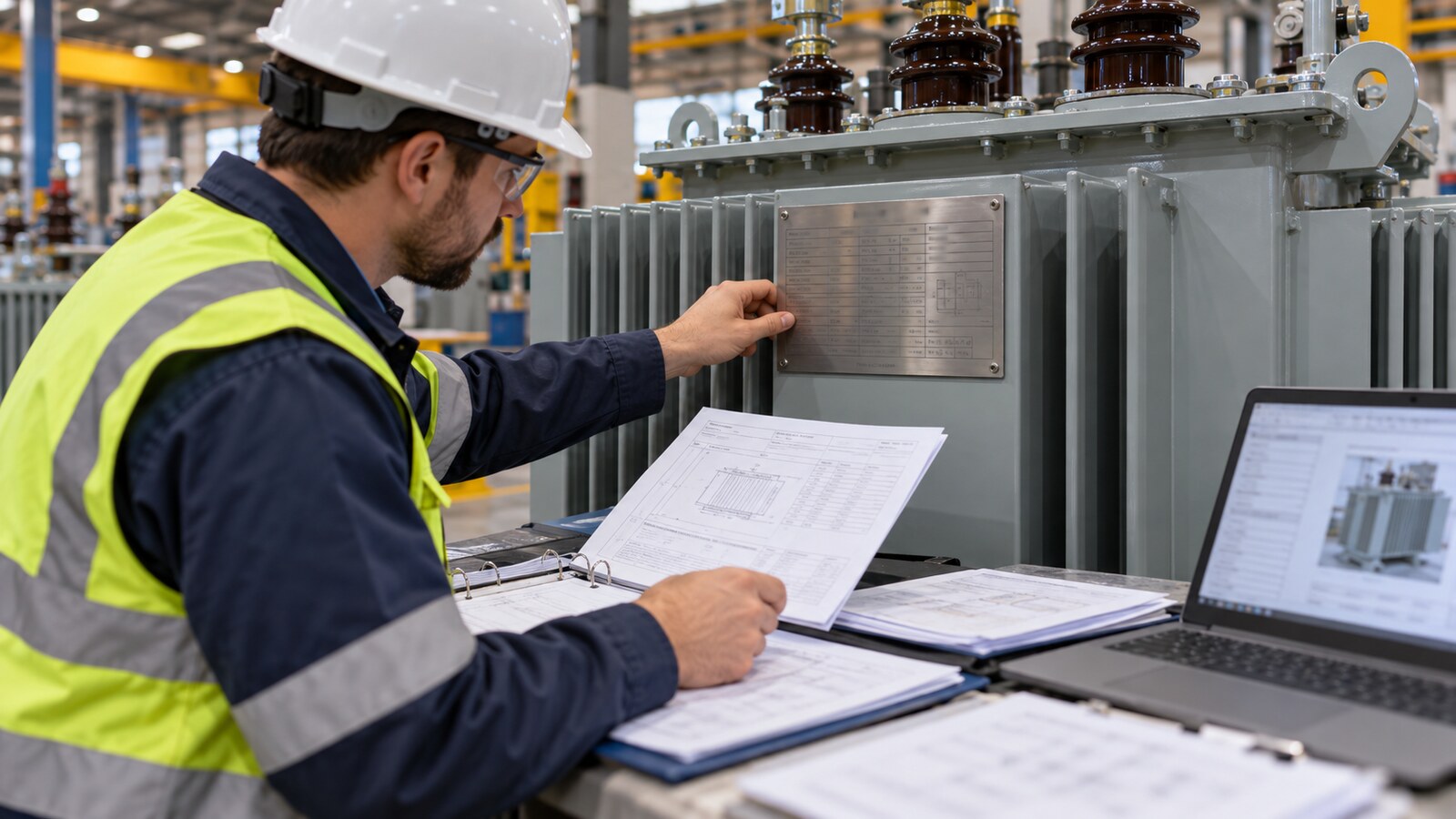SEC Transformer Prequalification: What Saudi EPC Buyers Must Verify Before RFQ Release 5 Quality engineer comparing transformer identification details with a technical dossier at the factory