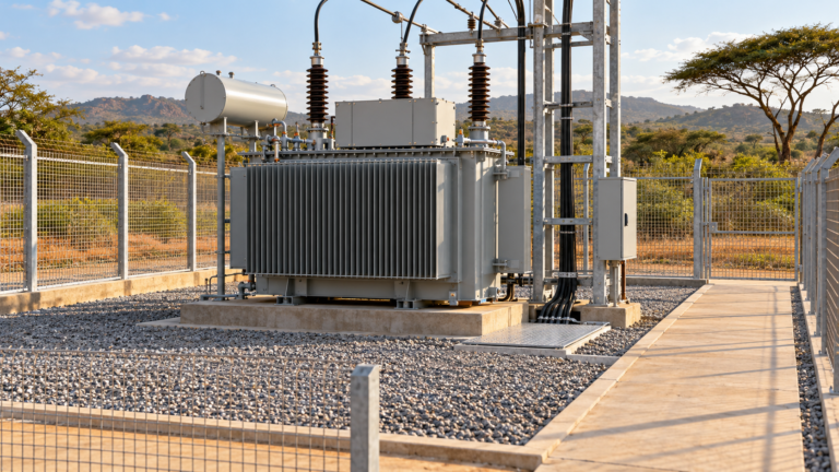 Oil-filled transformer inside a fenced compound with a clear gravel area and concrete access path.