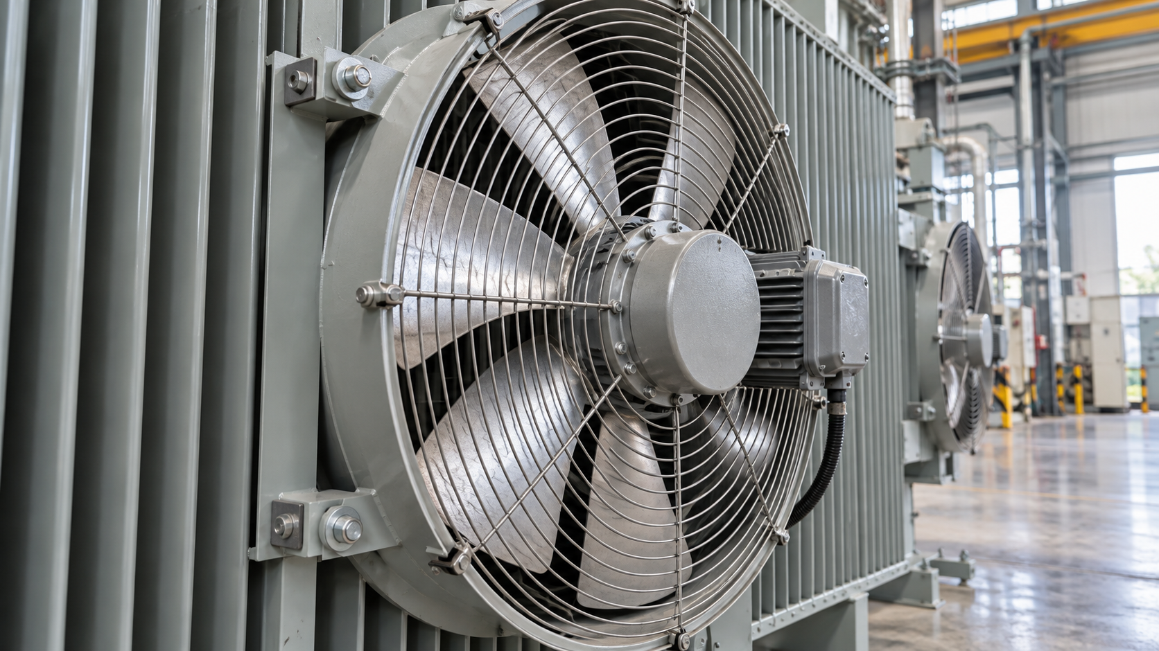 Transformer Axial Fan Guard Inspection Stationary transformer axial fan behind a wire safety guard on a radiator bank