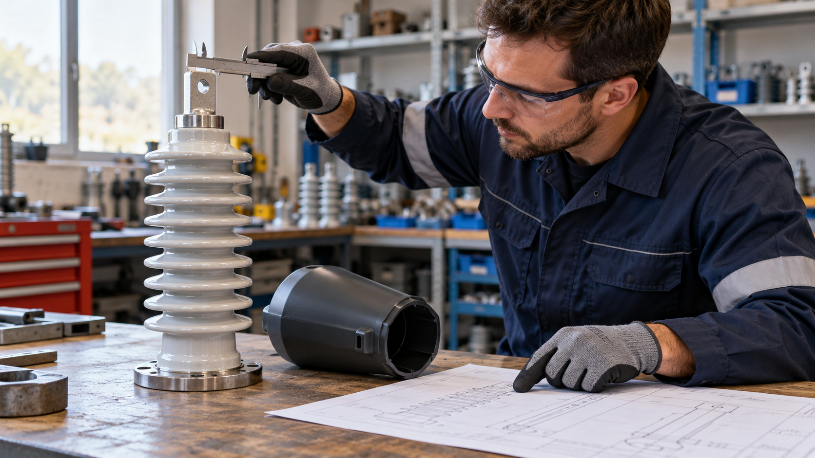 Transformer Bushing Cover Fit Review Technician compares a spare transformer bushing and polymer cover with a drawing on a workshop bench.