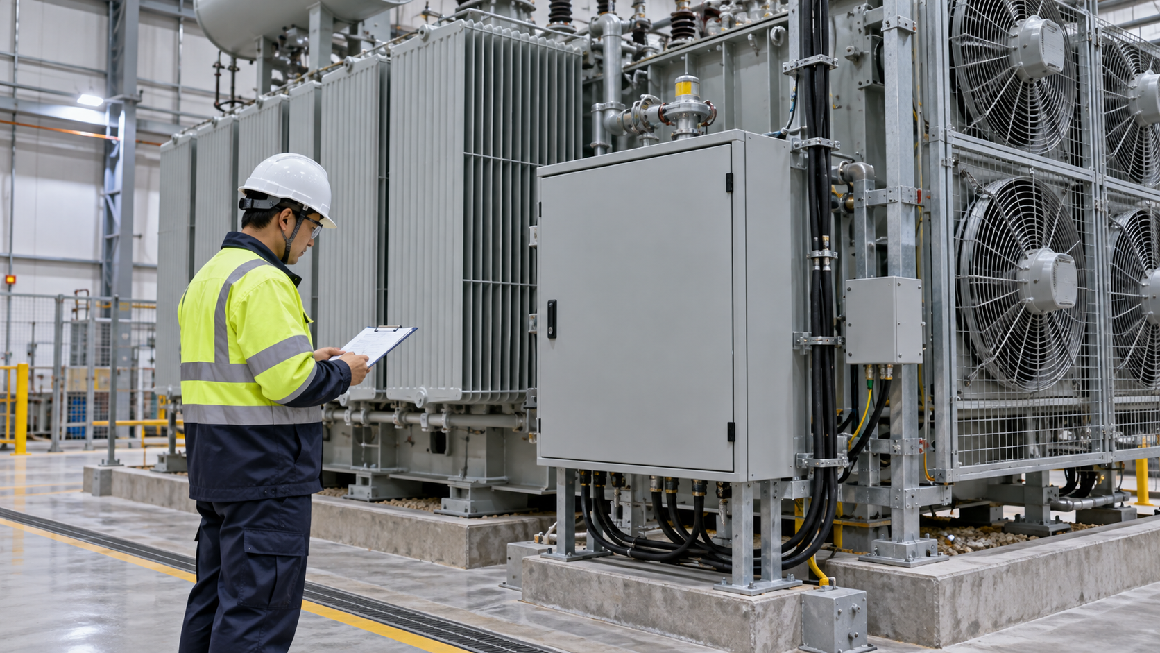 Transformer Cooling Control Checklist Engineer reviewing a checklist beside a closed transformer cooling control cabinet