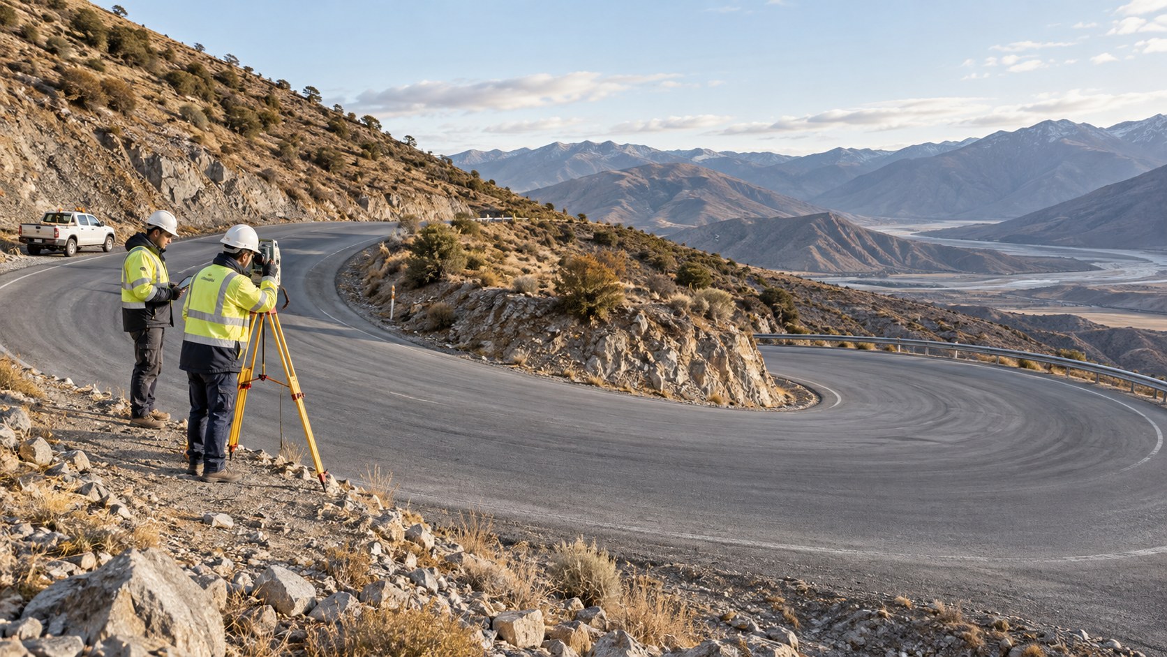 Mountain Bend Survey for Transformer Delivery Surveyors checking a wide mountain road bend with a tripod instrument