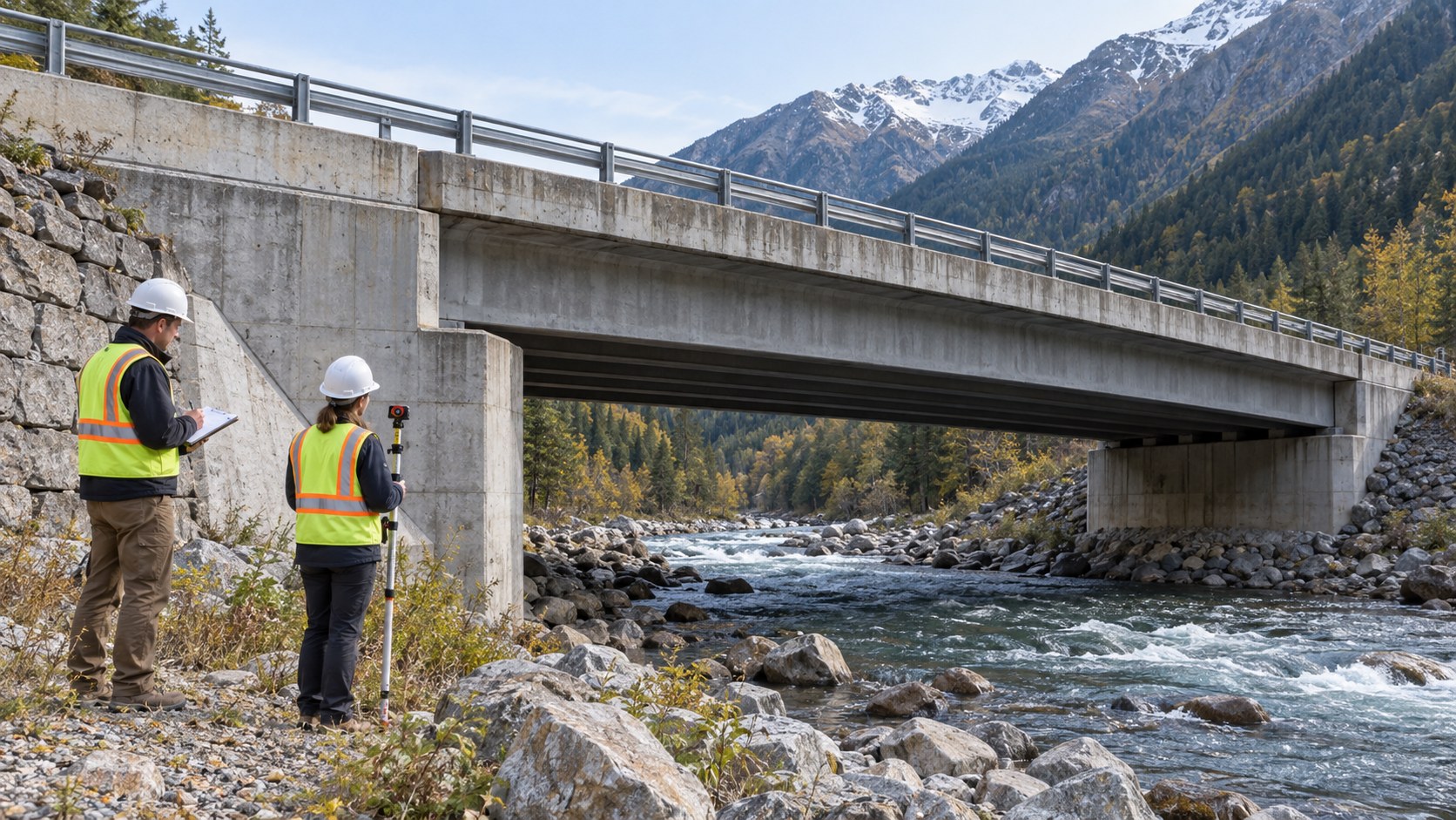 Bridge Approach Review for Heavy Transformer Transport Civil engineers inspecting a concrete bridge abutment beside a mountain road