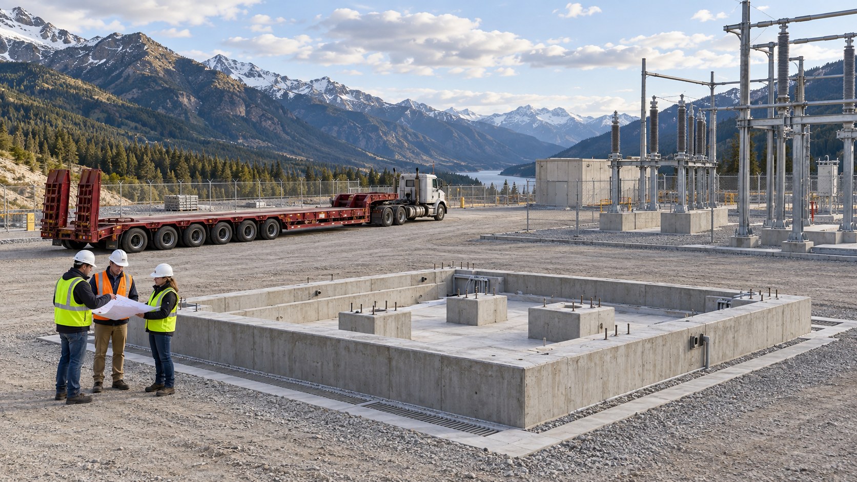 Transformer Unloading Area Readiness Engineers reviewing an empty lowbed trailer beside a transformer foundation at an industrial site