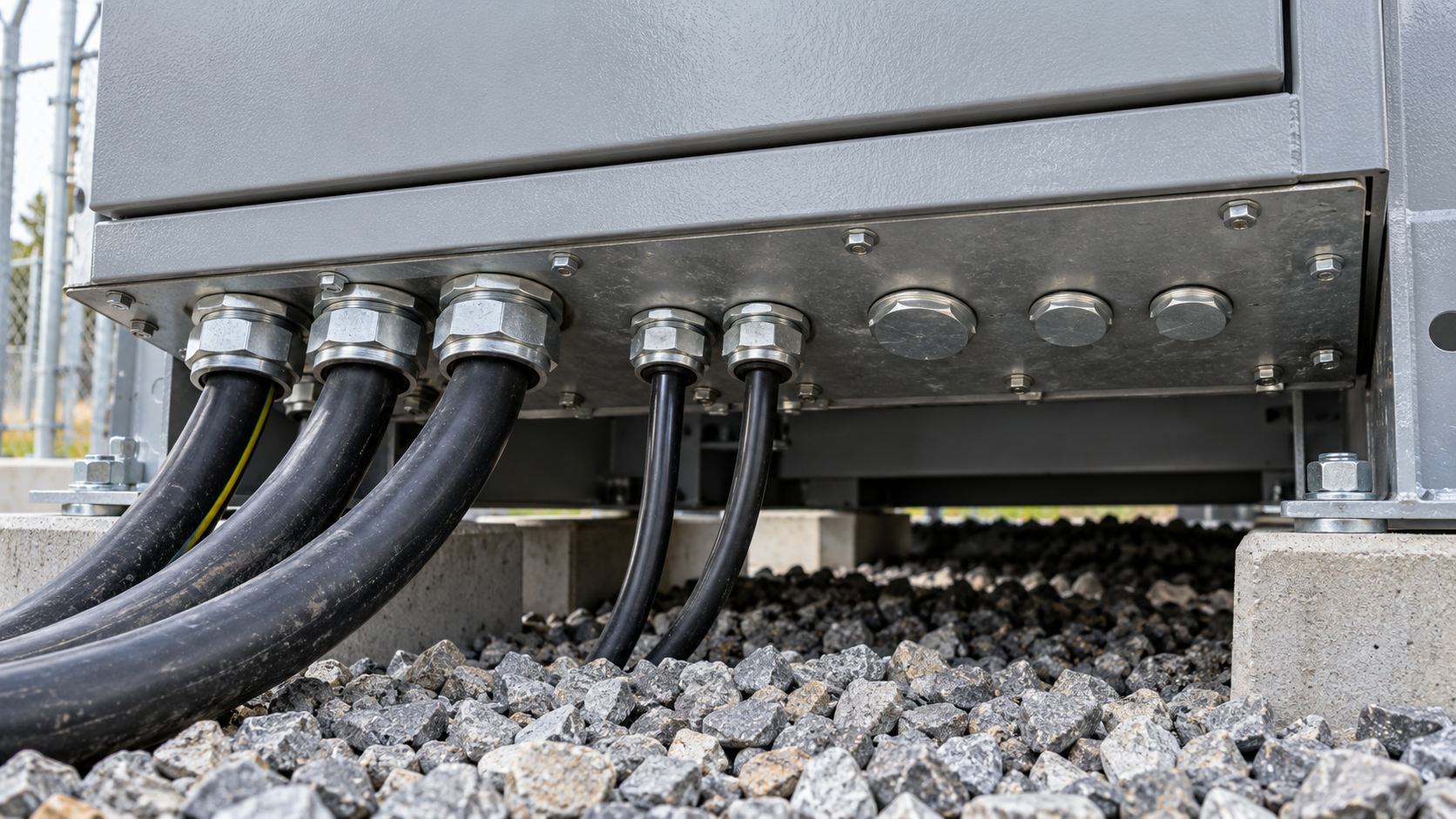 Transformer Enclosure Entry Inspection Cable glands and blanking plugs fitted to the bottom plate of a closed transformer terminal enclosure.
