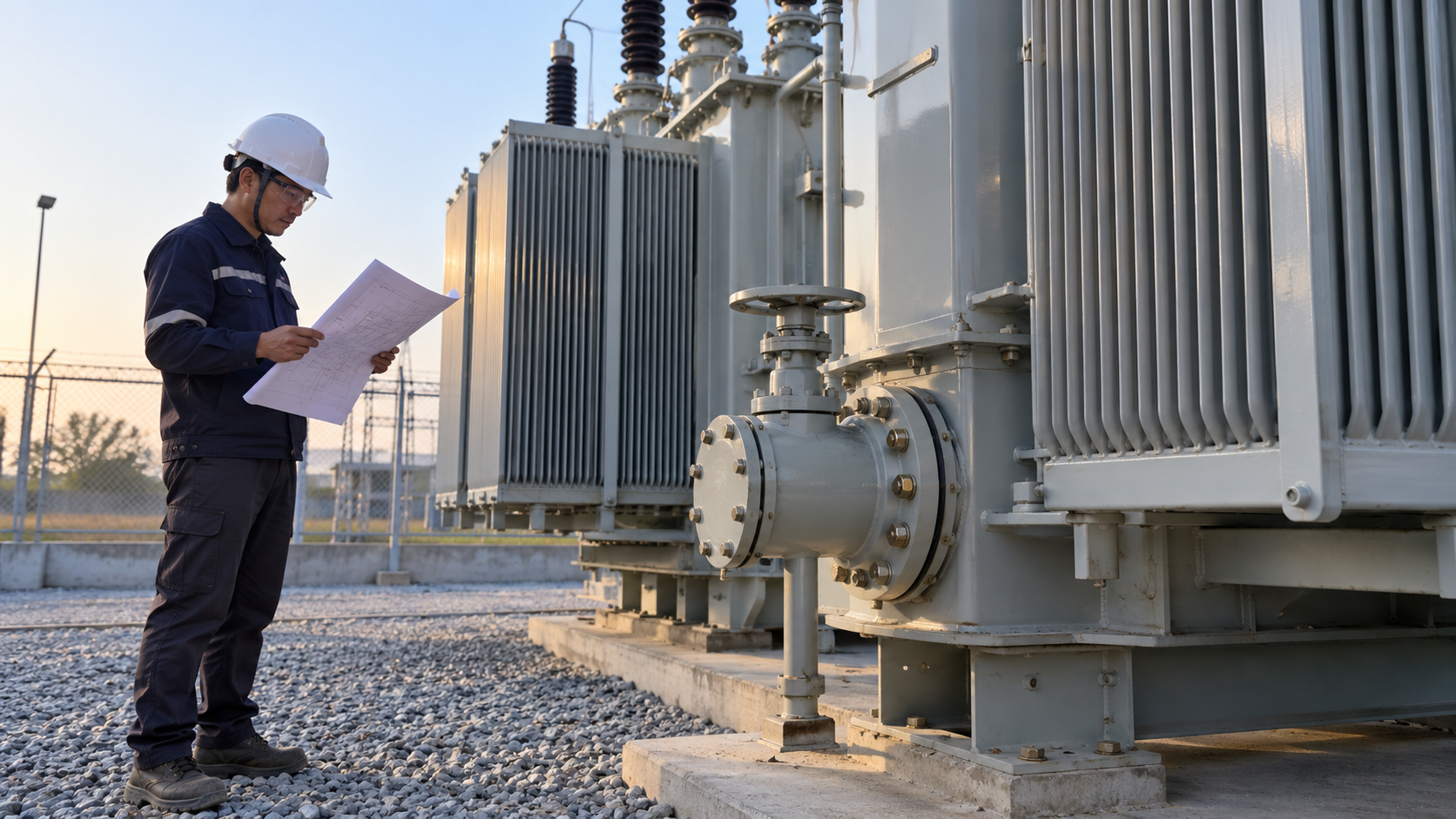Transformer Flange Maintenance Planning Engineer reviewing a drawing beside a transformer tank flange and radiator bank
