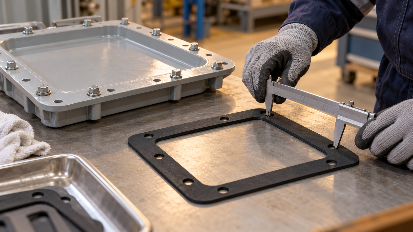 Transformer Gasket Dimension Review Technician comparing a flat gasket bolt-hole pattern with a caliper beside a metal cover