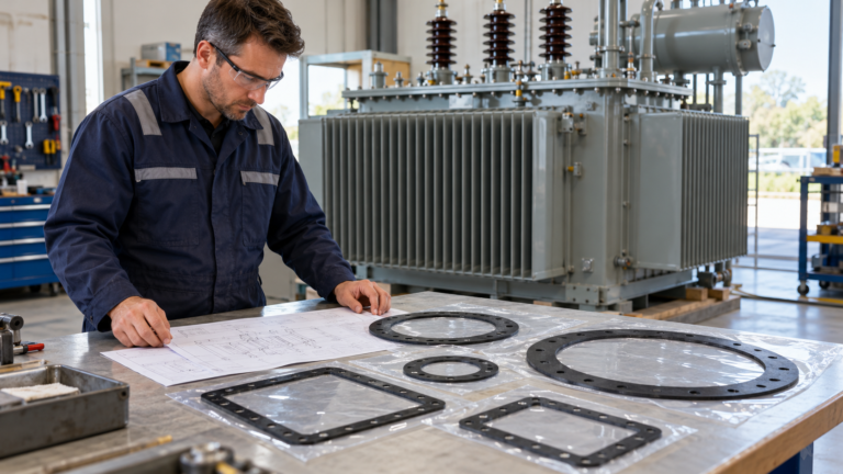 Engineer reviewing transformer gasket procurement drawings beside flat sealing gaskets