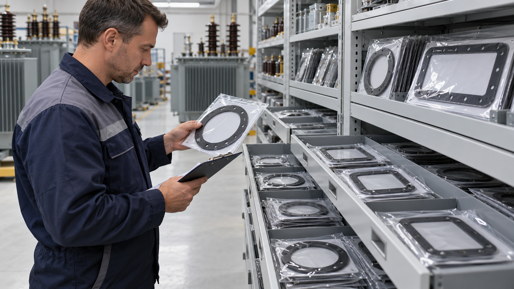 Protected Transformer Gasket Storage Storekeeper checking packaged sealing gaskets in a clean transformer spare-parts store