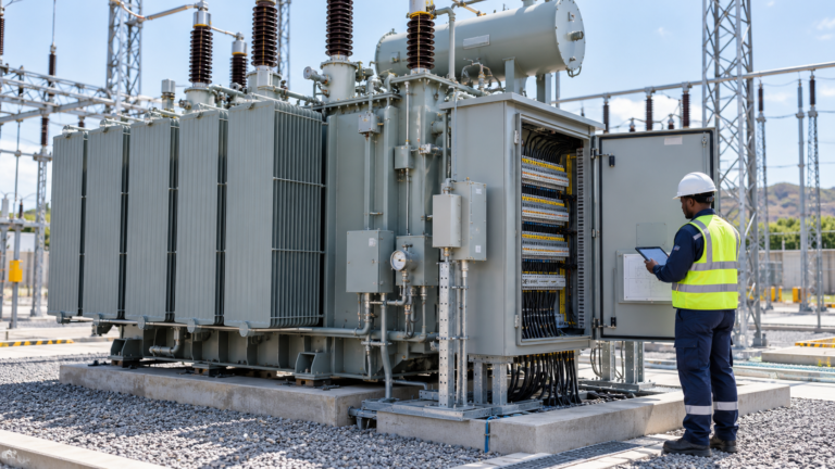 Oil-immersed transformer with open marshalling kiosk during engineering interface review