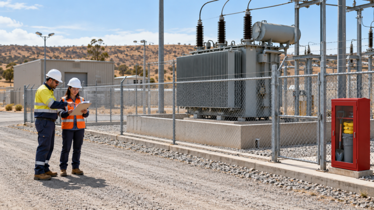 Maintenance planners reviewing a checklist outside a fenced oil-immersed transformer bay