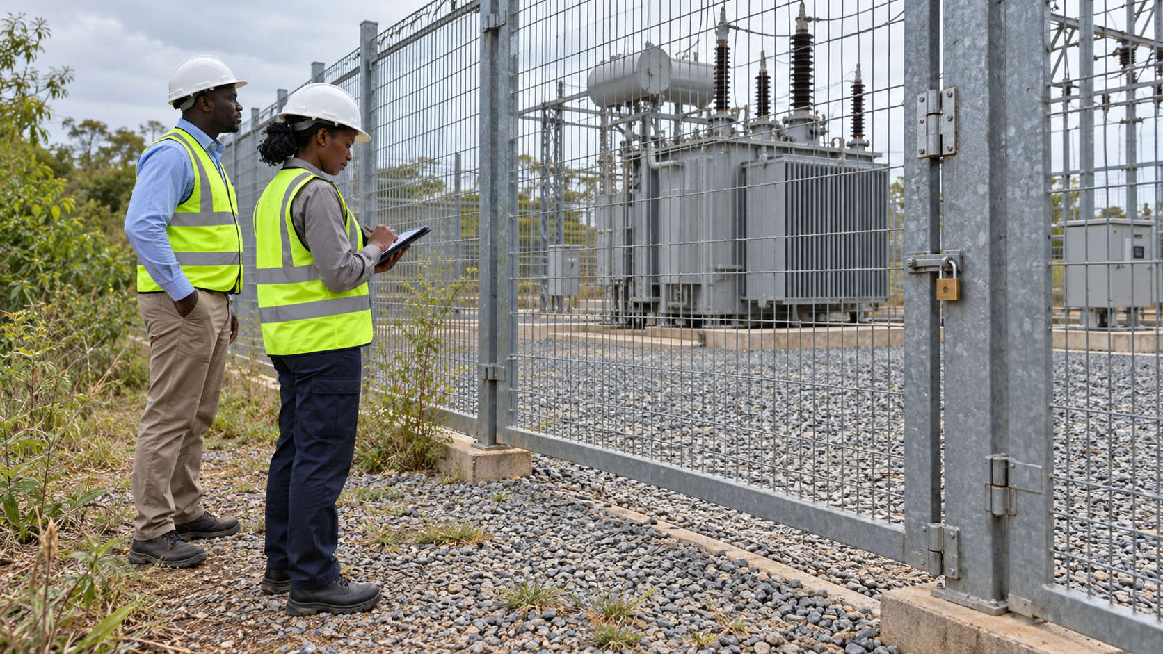 Transformer Perimeter Maintenance Review Two engineers review the gate and vegetation outside a fenced transformer compound.