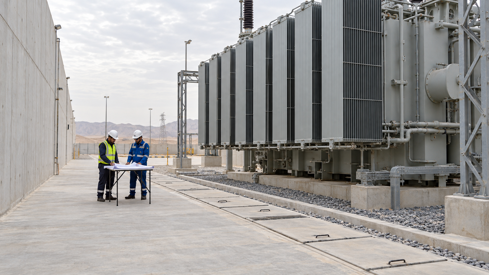 Engineers reviewing transformer radiator cleaning access beside an industrial radiator bank