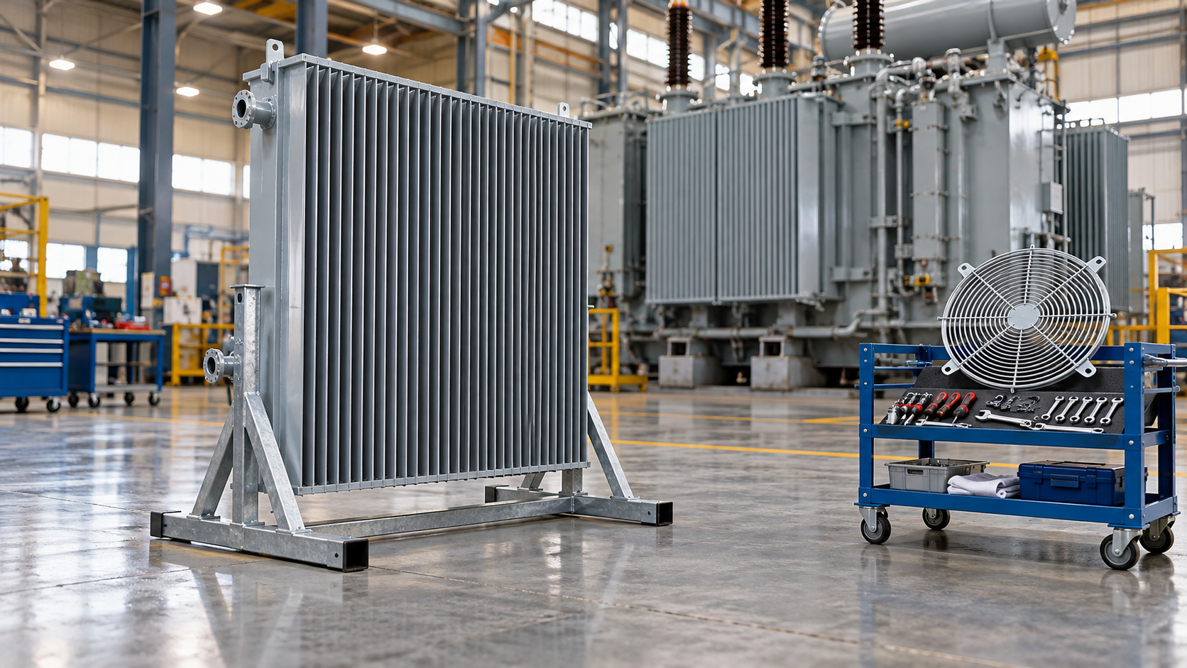 Detached transformer radiator on a support stand beside a trolley with a fan guard and tools