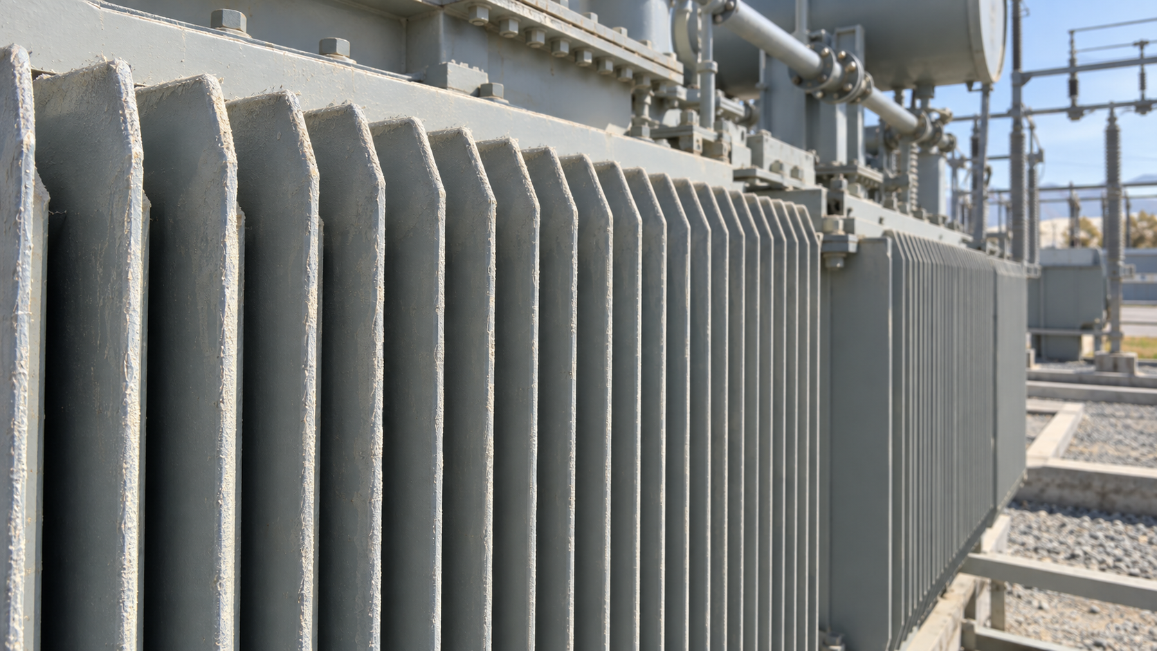 Pale dust deposits on the outer surfaces of grey transformer radiator fins
