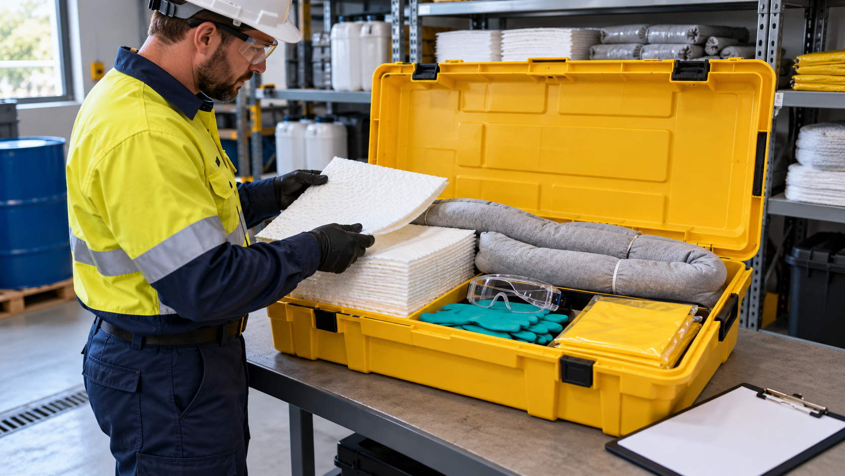 Transformer Spill Kit Readiness Transformer oil leak response planning resources: absorbent pads, socks and protective equipment checked by a storekeeper