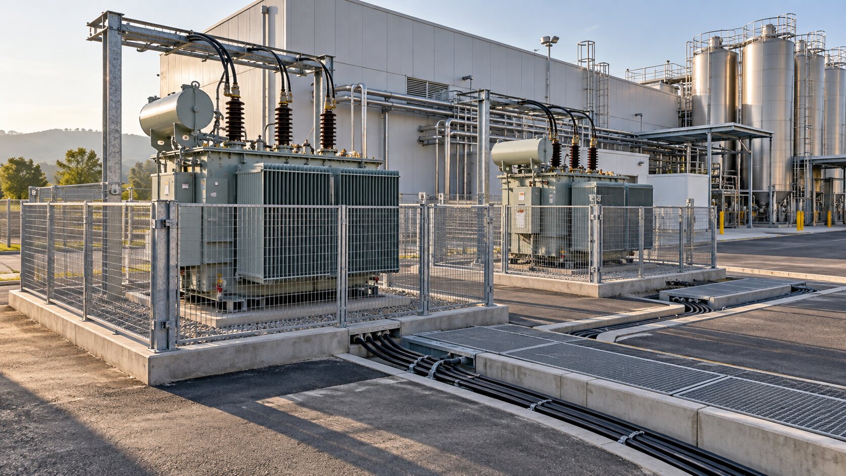 Two Transformer Operating States Two oil-filled transformers installed in separate fenced bays beside a processing plant